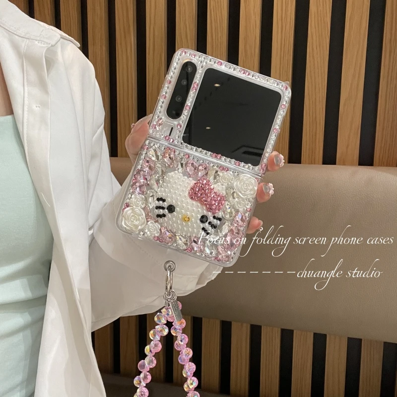 适用于华为purax手机壳粉色镶钻珍珠KT猫保护壳女款高级轻奢气质
