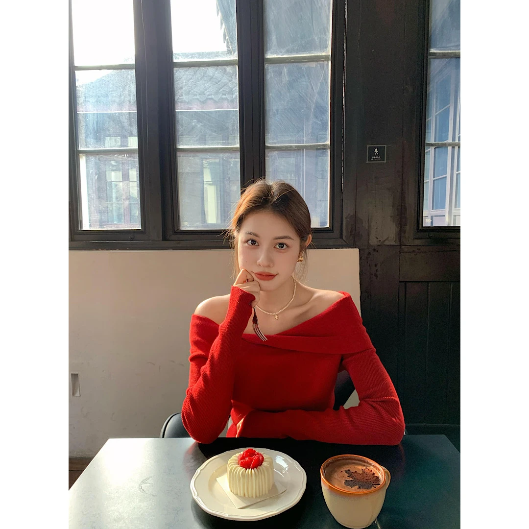 新款打底衫外搭薄款慵懒风短袖温柔风显瘦一字慵懒赫本风v领上衣