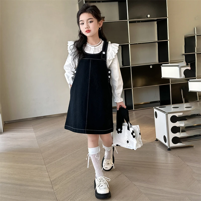 女童春季连衣裙2024新款中大童洋气时髦长袖衬衫牛仔背带裙两件套