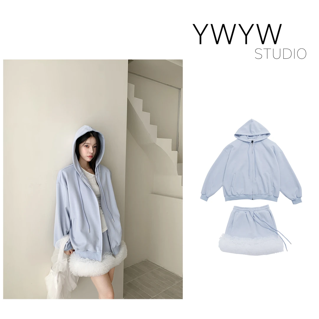 【YWYW25S/S】春季大版宽松纯色连帽卫衣+软蕾丝拼接短裙摆套装3786