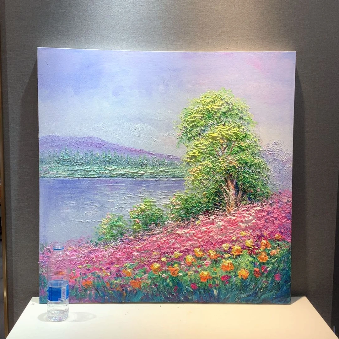 带灯款花田风景油画风景画