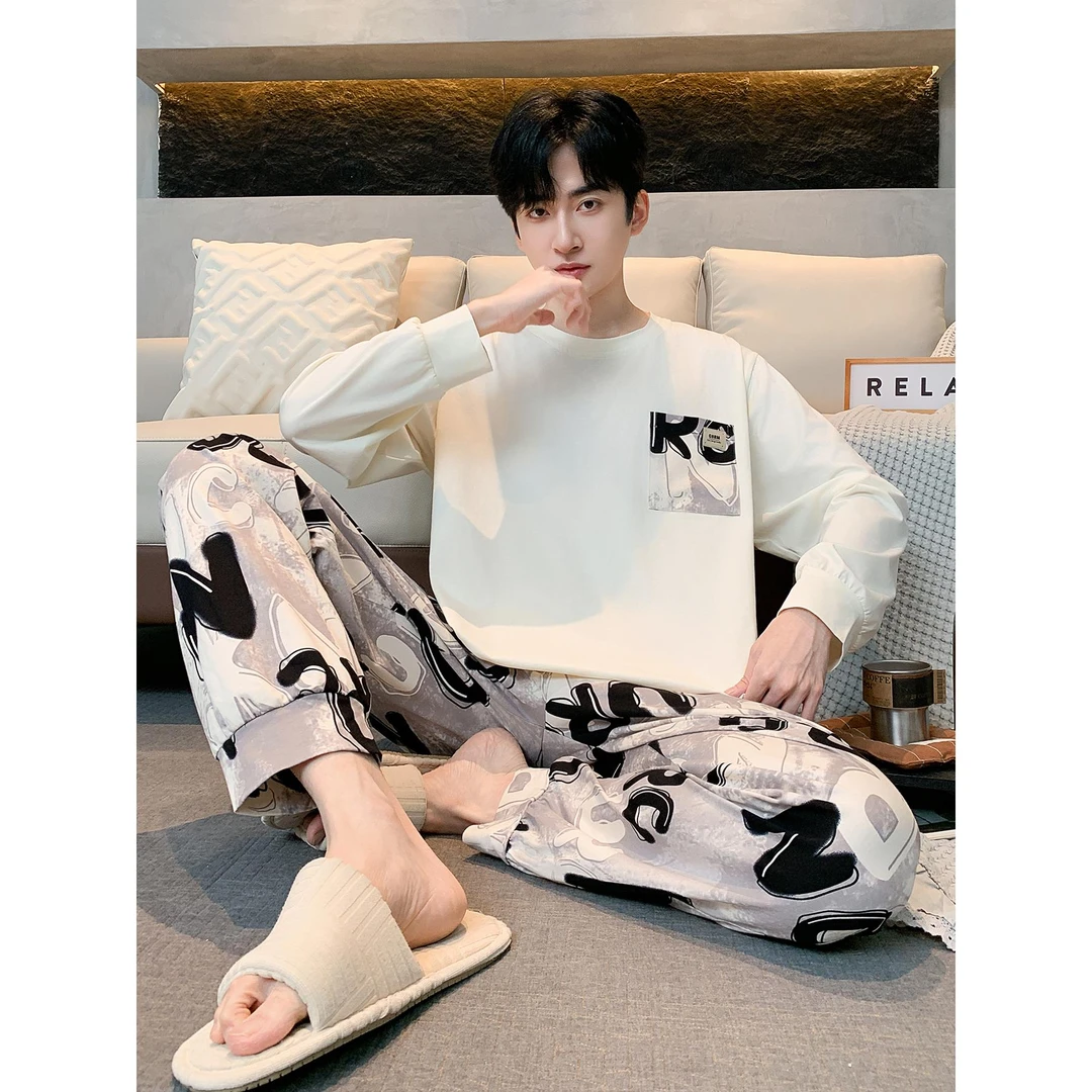 SUAM RUO睡衣男士春秋款纯棉长袖字母秋冬季大码家居服套头可外穿