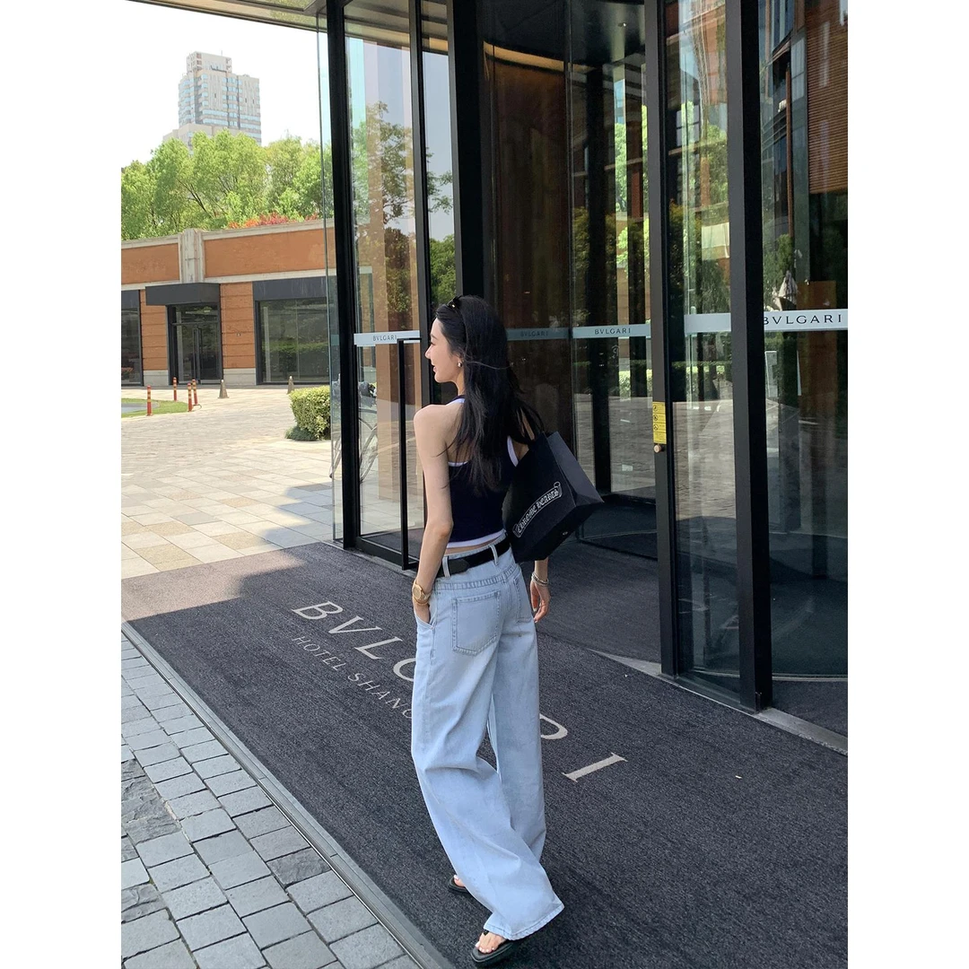 区区欧阳 直筒牛仔裤女夏季薄款辣妹低腰宽松阔腿裤复古拖地裤子