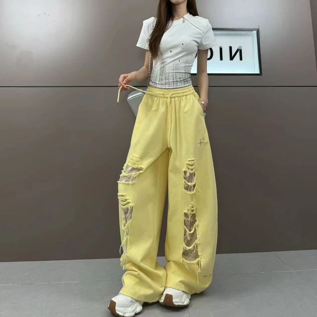 8310 美式街头复古拼接镂空蕾丝个性破洞设计时尚显瘦休闲裤