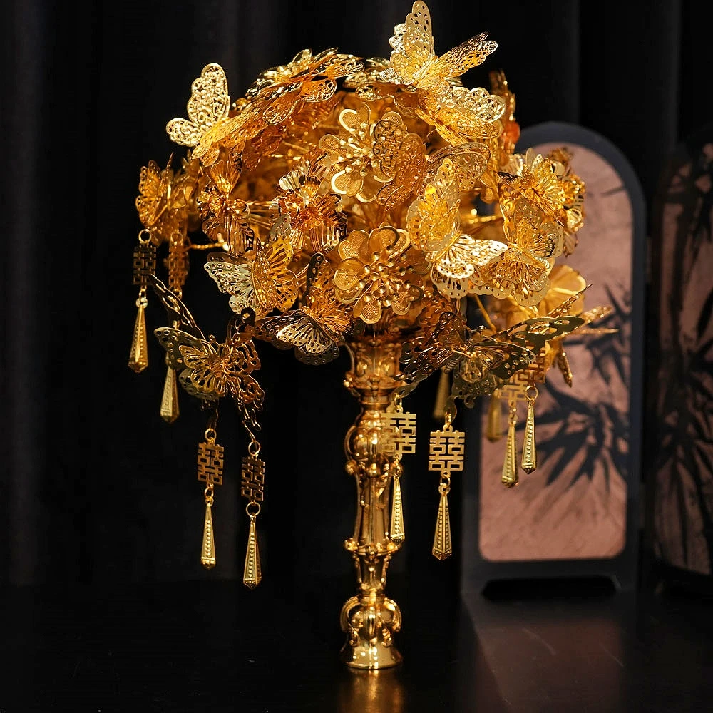 金色手捧花diy材料包婚礼秀禾服高级中式权杖礼物新娘结婚团扇