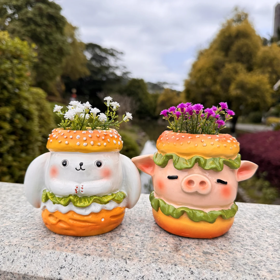 汉堡创意造型小猪小兔桌面多肉花盆小口径种植盆栽办公桌卧室阳台