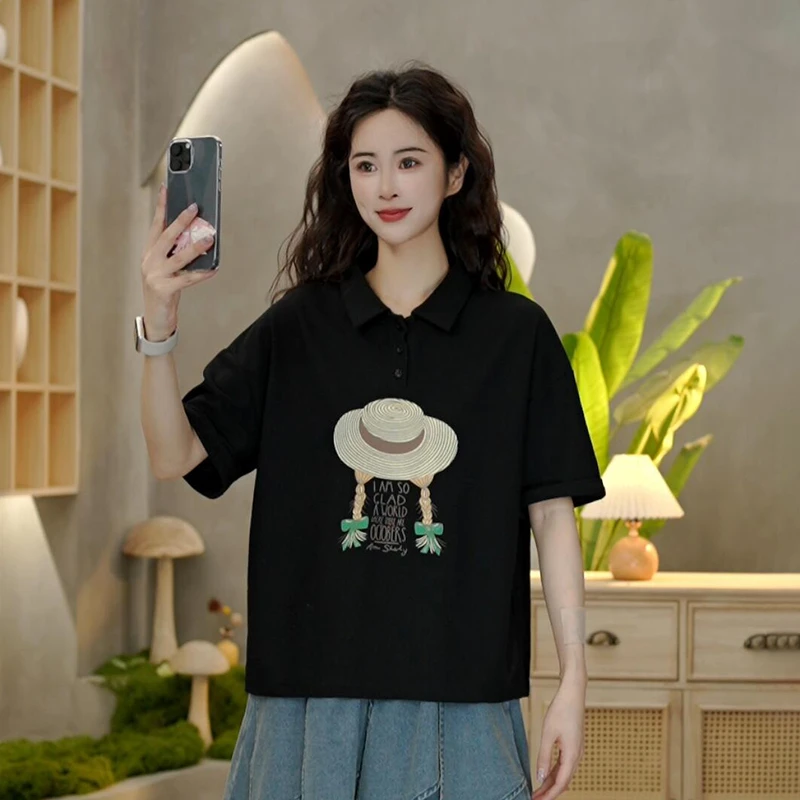 6715 夏季新款草帽辫子印花T恤休闲百搭宽松翻领短袖上衣