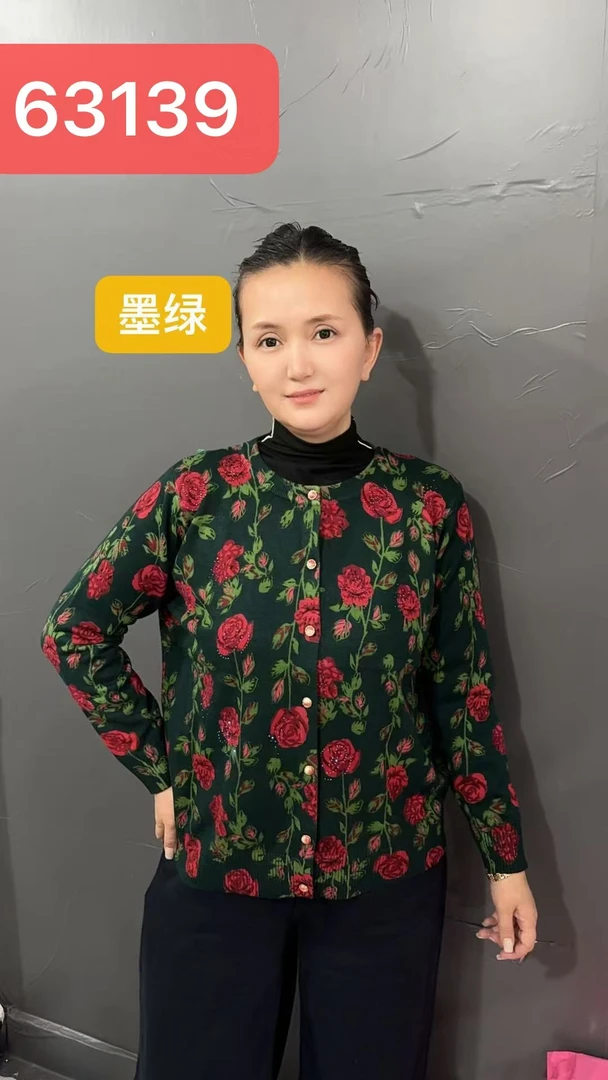 【新疆包邮】ZY3-63352妈妈秋冬款羊毛衫中老年女装圆领羊绒印花