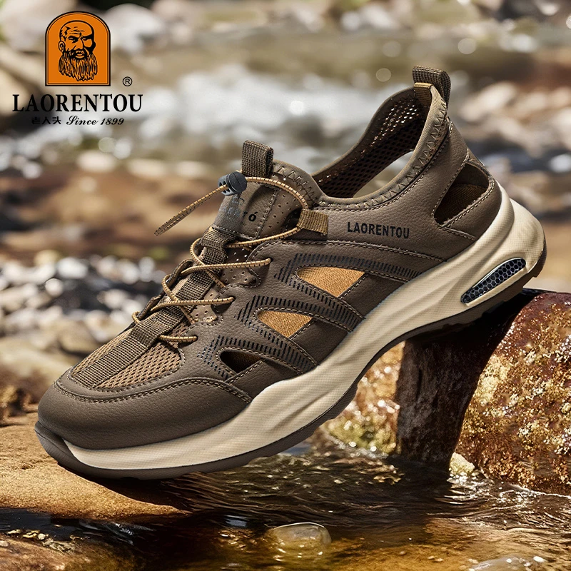 户外休闲透气包头男士软底皮凉鞋软底涉水鞋超轻网眼耐磨休闲