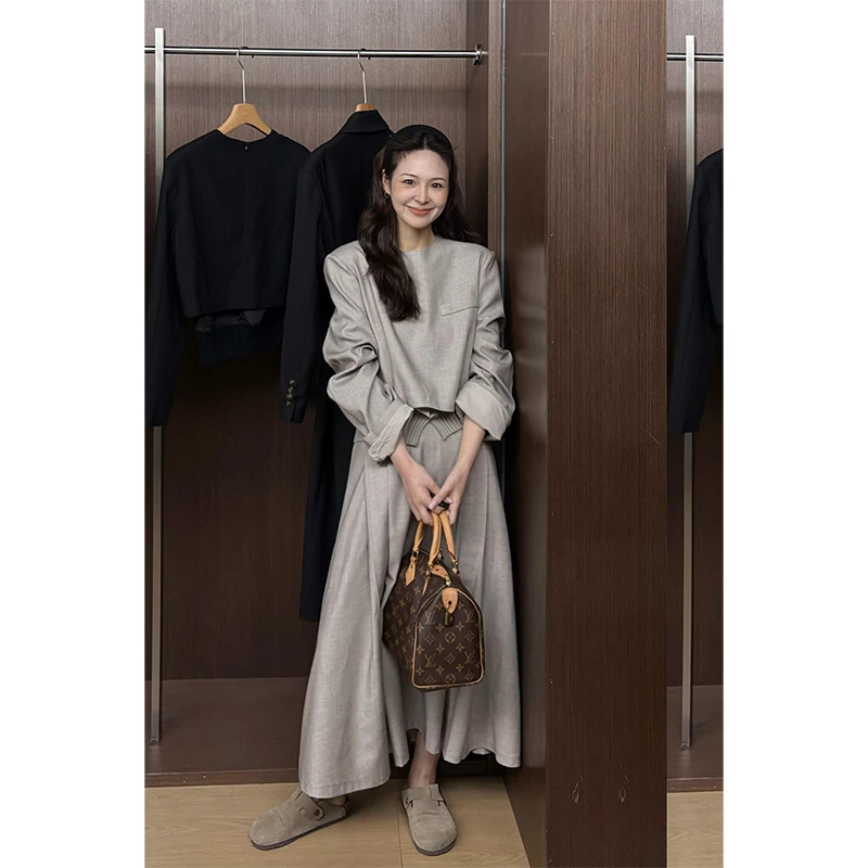 简约时尚高级感穿搭两件套显瘦百搭长袖上衣高腰休闲宽松半身裙女
