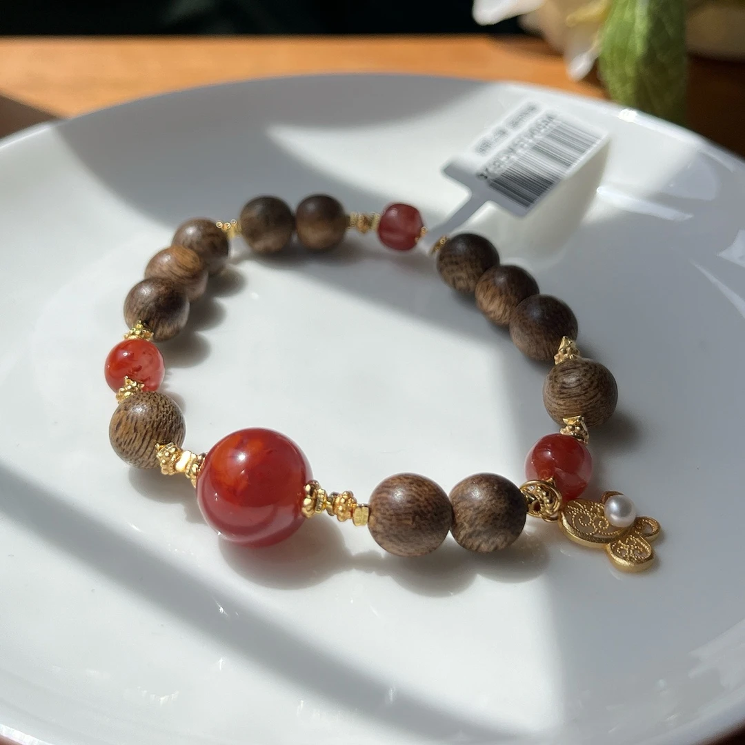 增香沉香木【郭老师】南红圆珠约12mm+老型南红约7mm沉香木圆珠手串