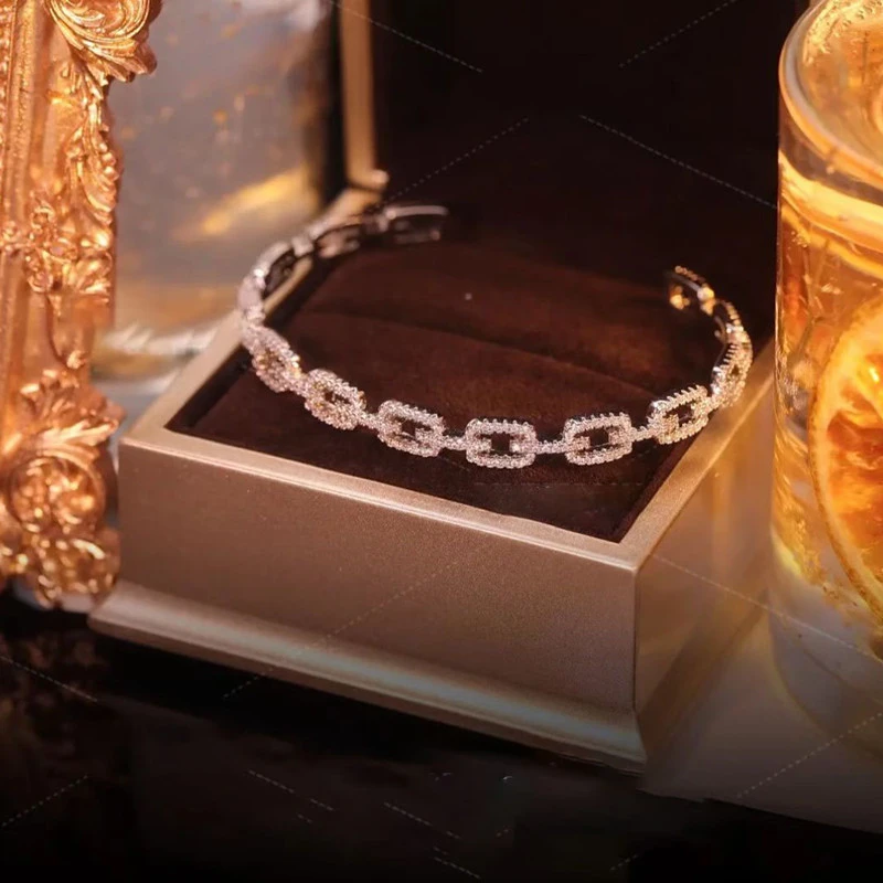 黄铜陶瓷手镯 韩版时尚银色拼接微镶创意设计女式手镯轻奢满钻高