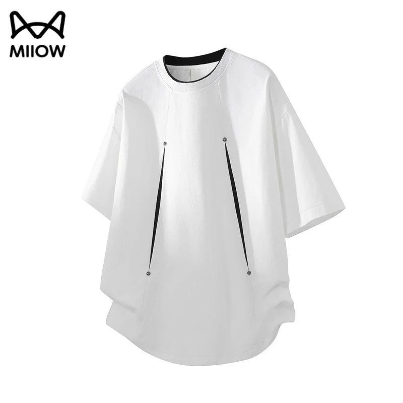 猫人解构设计感短袖t恤男夏季美式复古拼接铆钉冰感重磅宽松上衣