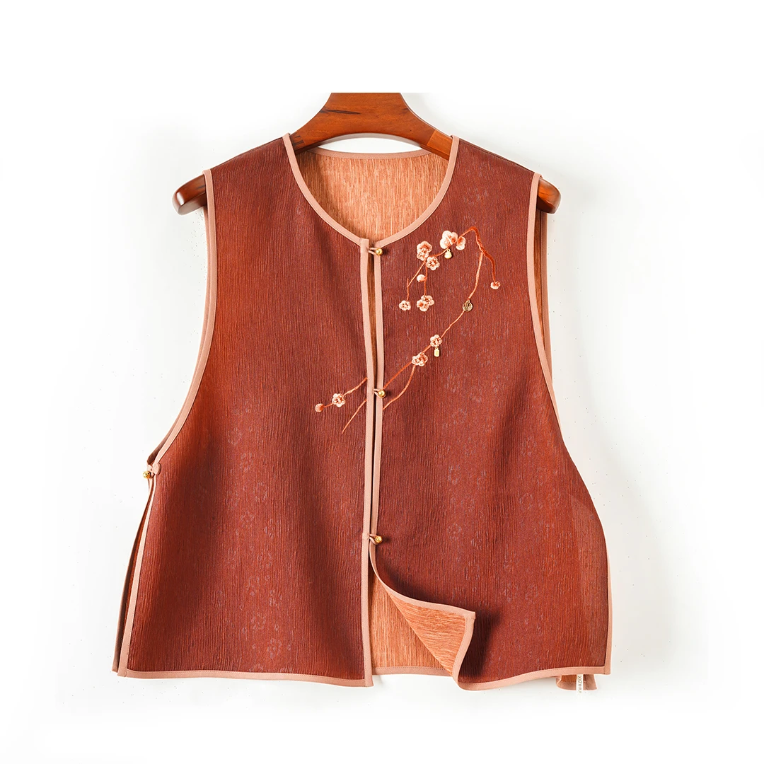 100%桑蚕丝红云纱冠乐绉国风高端女装新中式盘扣百搭宽松真丝马甲