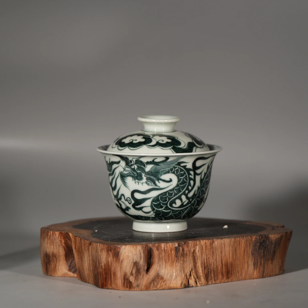 【央广甄瓷】三万天 -朗窑绿龙纹盖碗  80ml