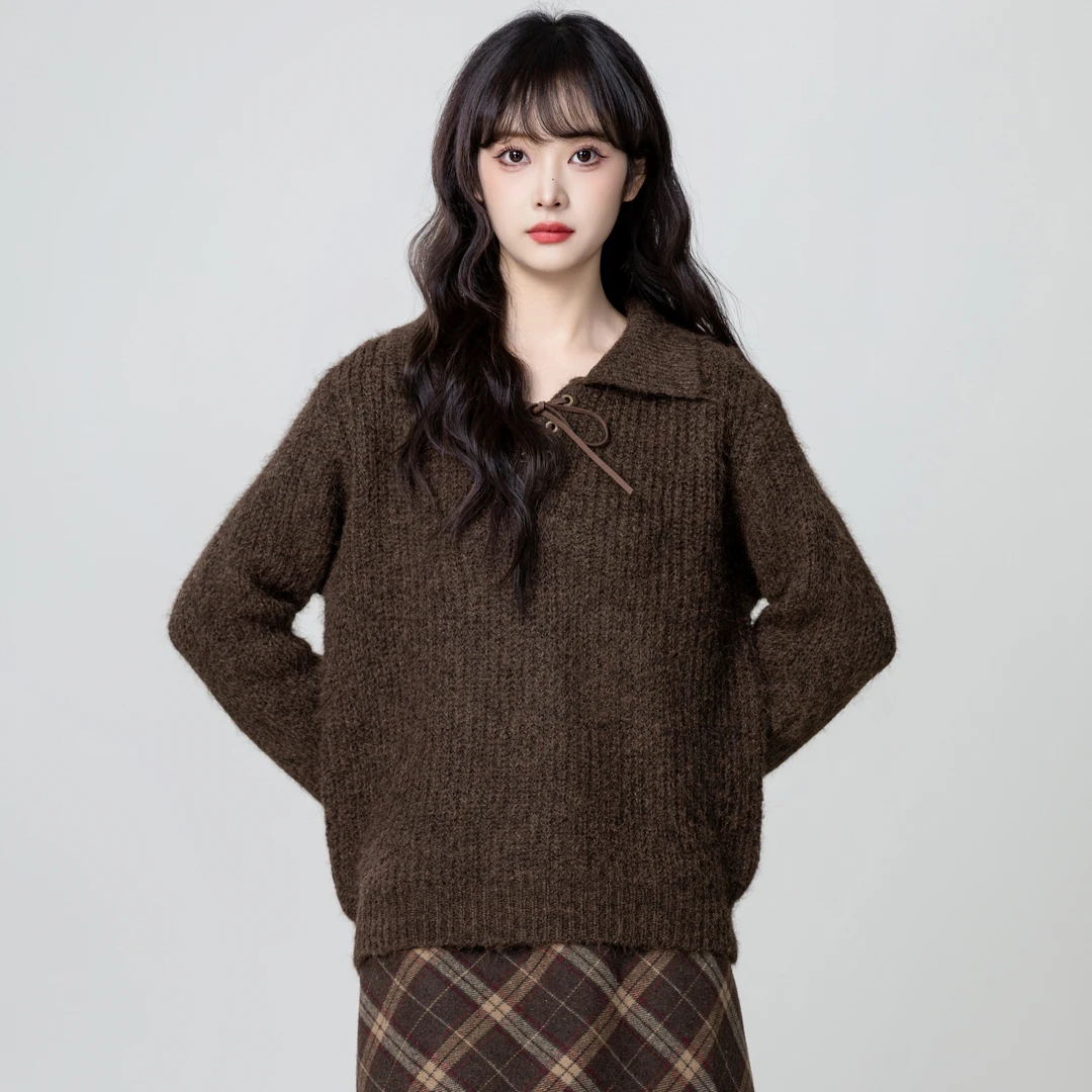咖色翻领系带毛衣女秋冬2025秋季新款复古慵懒宽松套头针织衫上衣