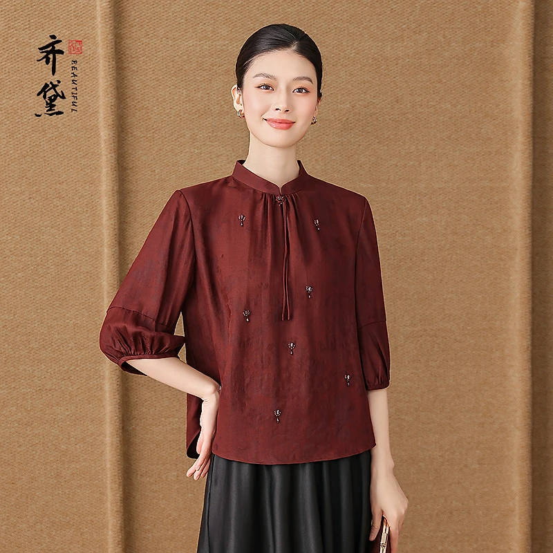 齐黛杭州名牌香云纱上衣女2025秋新款五分袖中式复古气质真丝衬衫