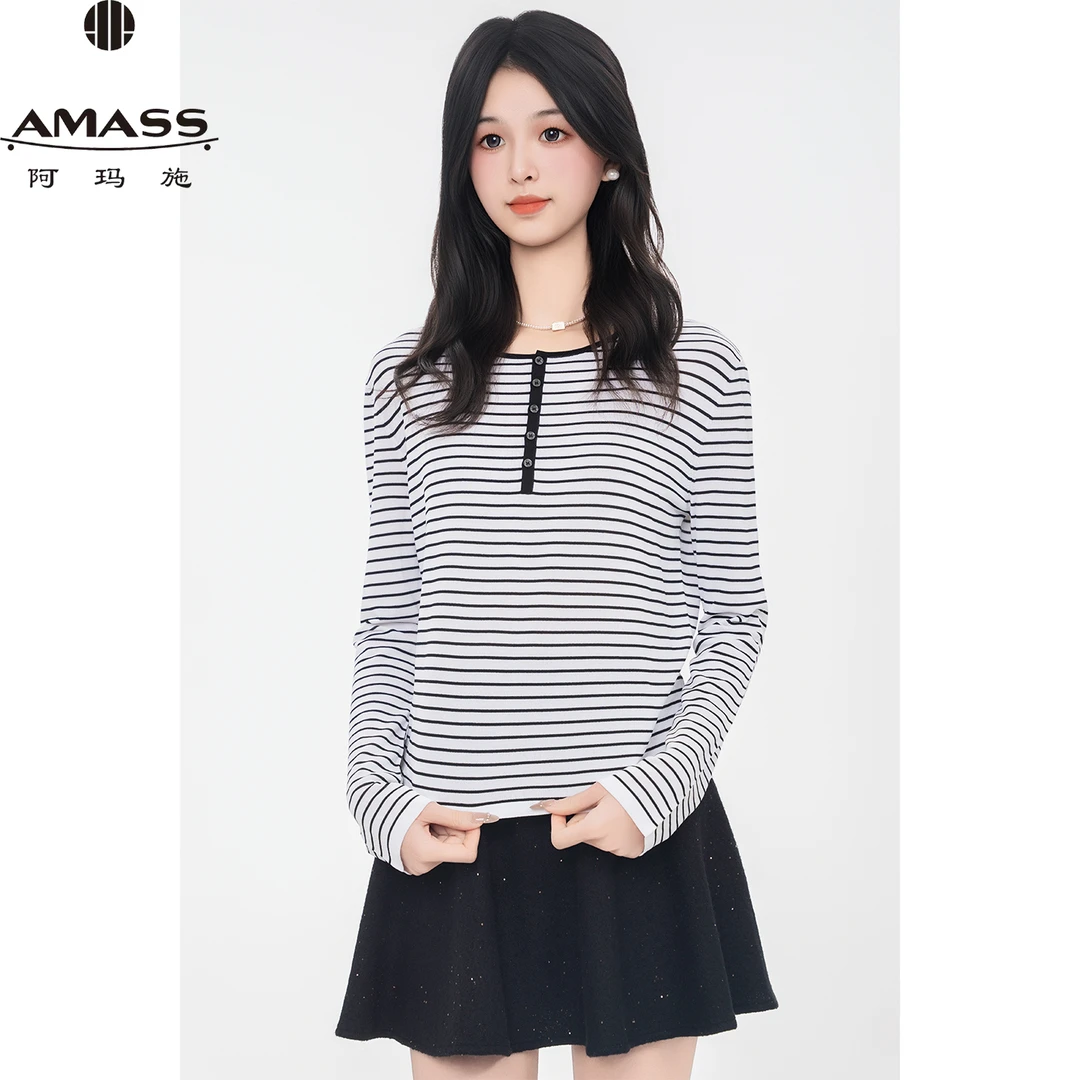 AMASS/阿玛施春夏新款质感条纹经典时尚圆领长袖百搭T恤女 538043