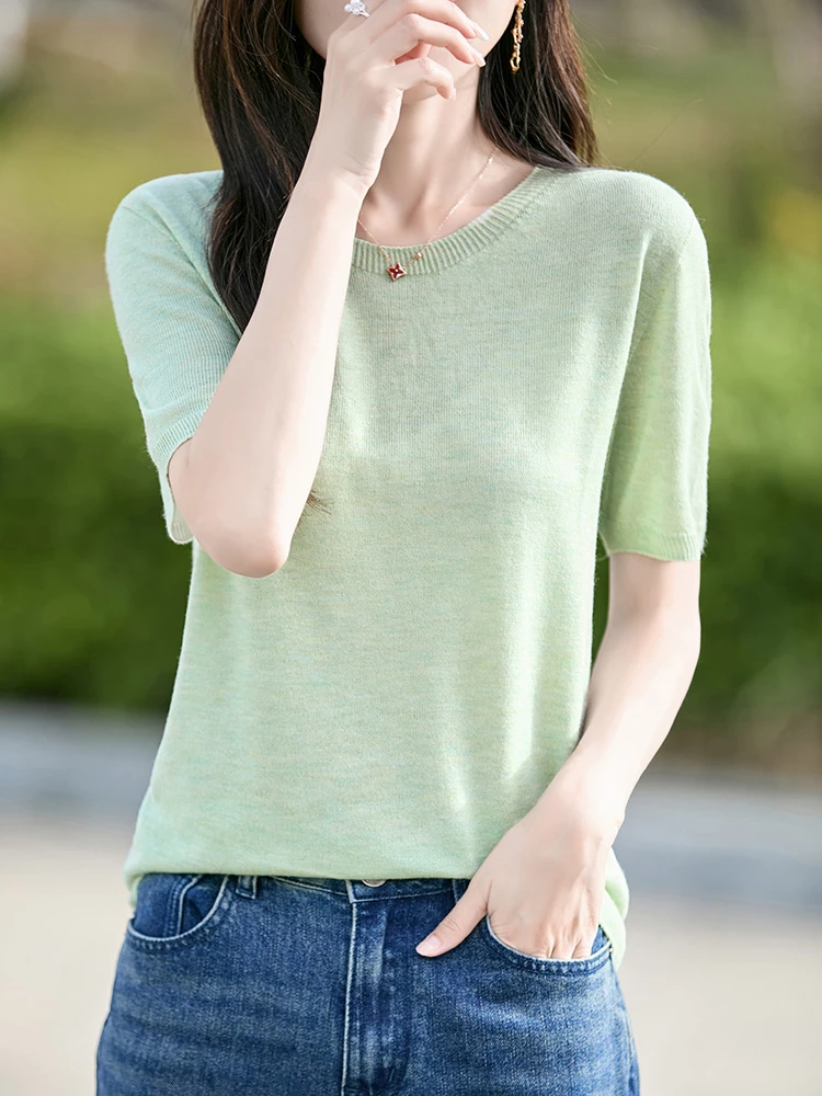 【一线成衣】精仿羊毛中袖显瘦韩版夏季圆领纯色毛针织衫百搭薄款