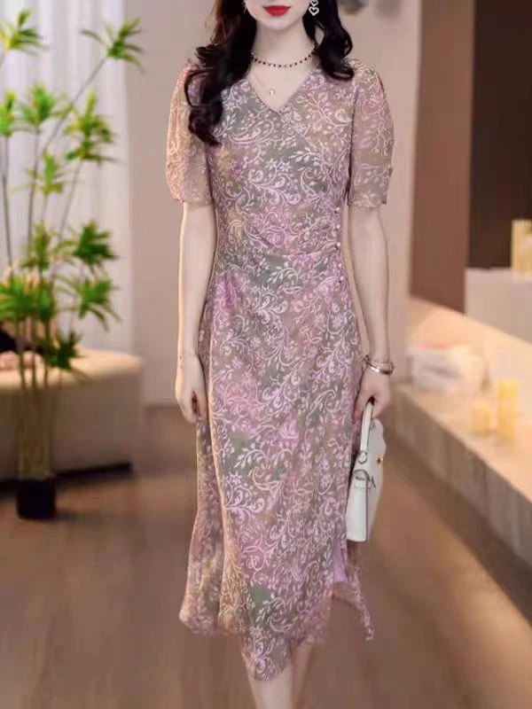 F617 连衣裙2025新款女妈妈高端修身时尚收腰显瘦气质中长款