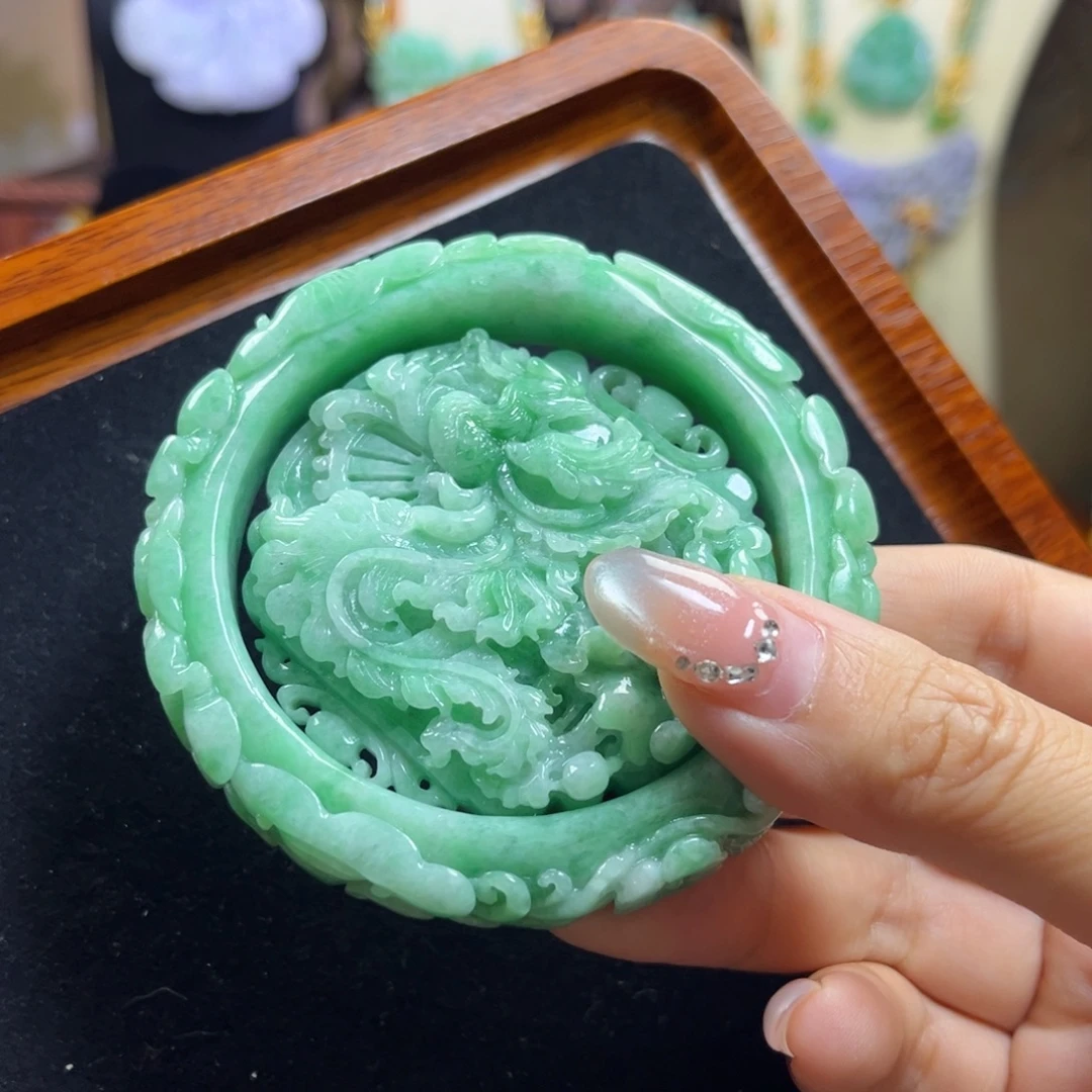 翡翠未镶嵌手镯满绿套装