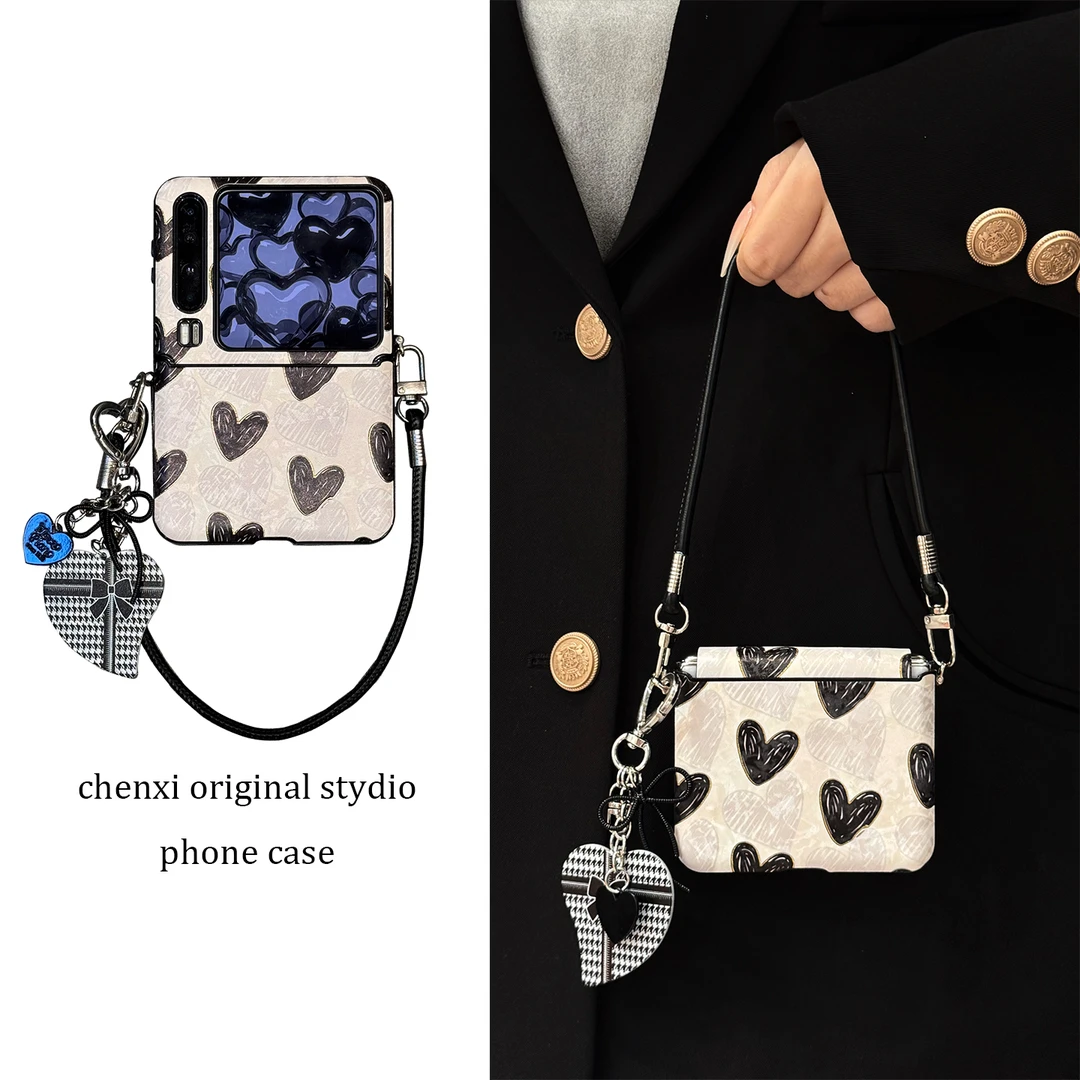 适用华为purax折叠屏手机壳涂鸦皮质pocket2护轴黑白爱心手绳挂件