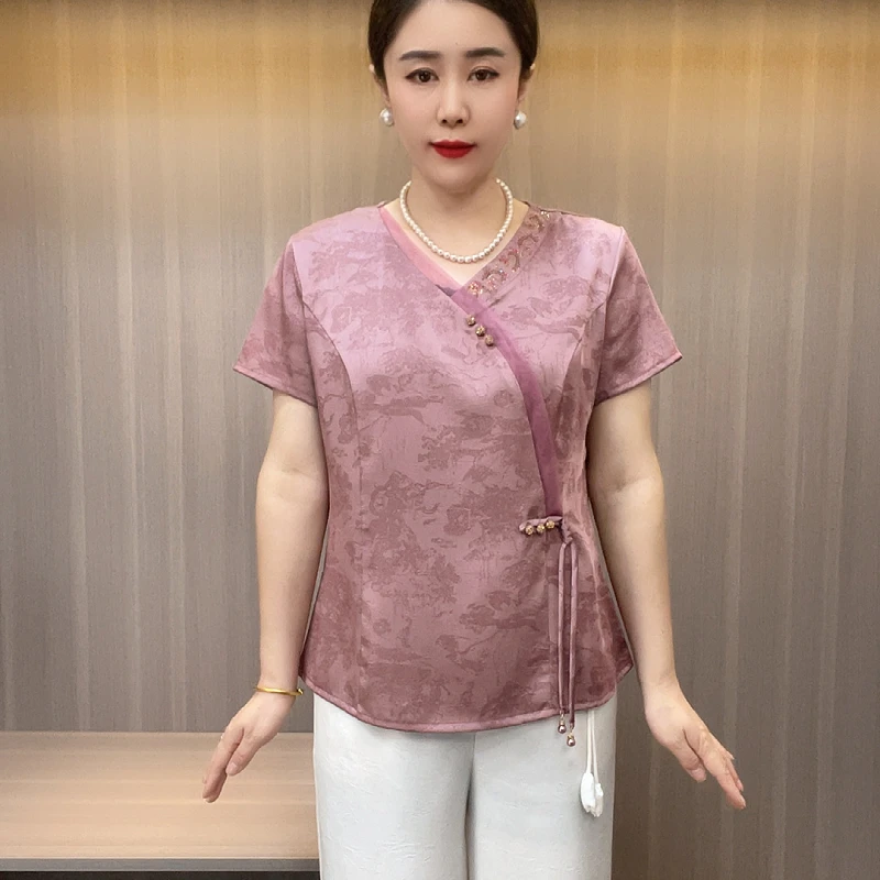 889气质新中式烫钻V领复古民族风妈妈装时尚显瘦重磅中老年服装