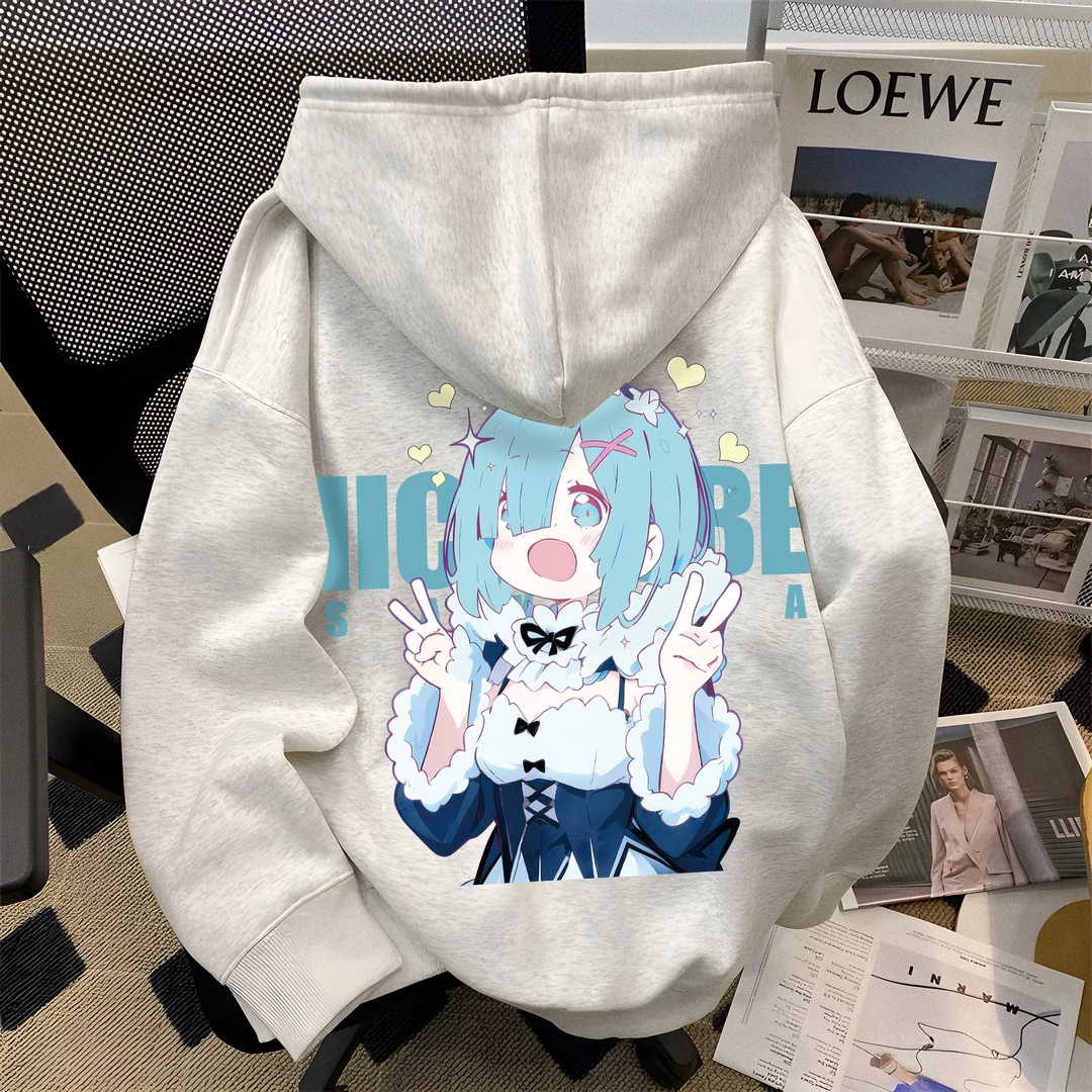 爆款日系动漫蕾姆印花连帽卫衣男女同款秋冬加绒宽松休闲外套上衣