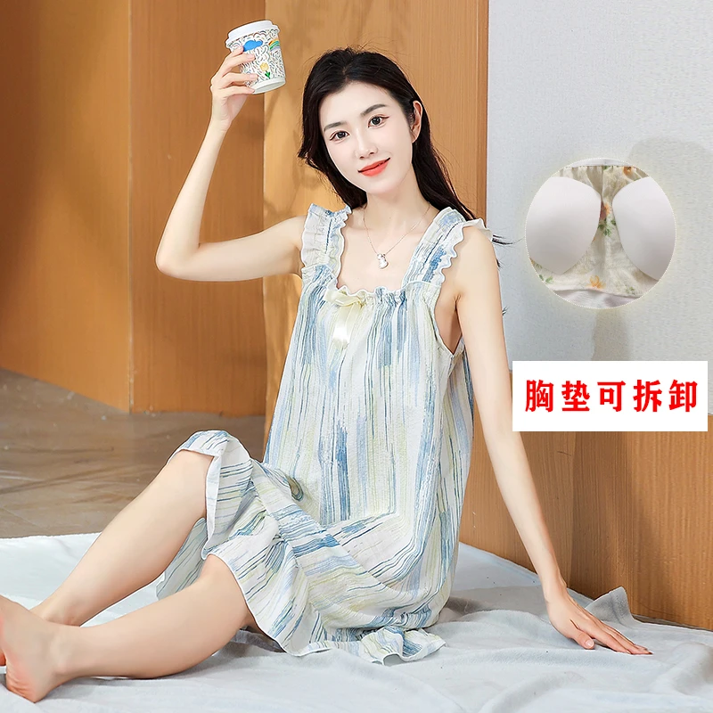 带胸垫新款夏季棉绸薄款吊带睡裙女甜美女士新款睡衣棉绸薄款