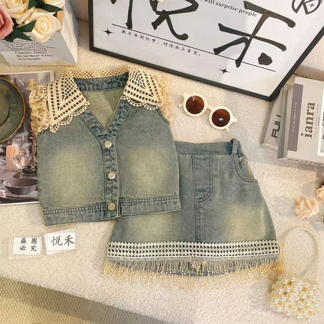 T2女童韩版套装时尚夏季新款女宝蕾丝休闲洋气无袖儿童套装80083