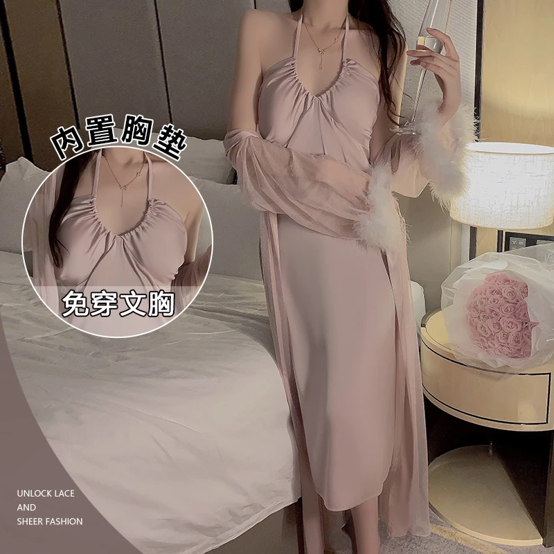 夏季纯色拼接性感睡裙薄款秋季文胸长款甜美露背免穿长袖大码