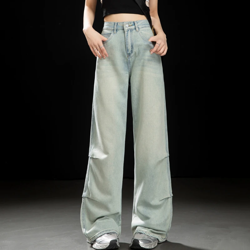 美式怀旧泥黄色裤子女2025新款秋季加长牛仔裤阔腿宽松拖地直筒裤