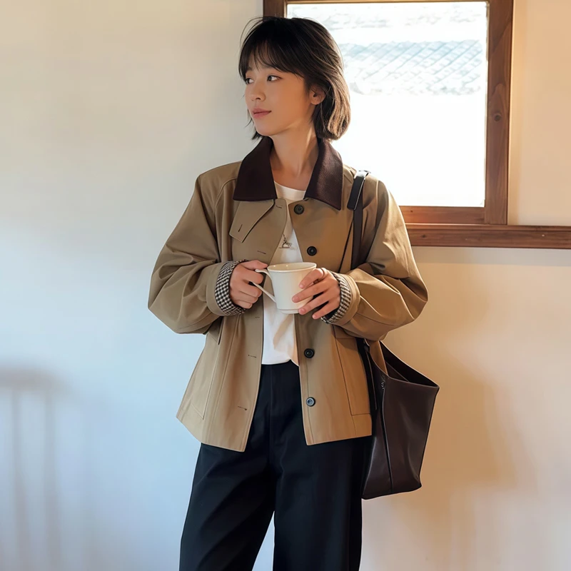 2025秋季新款巴恩风小个子短款风衣外套女休闲高级感夹克工装上衣