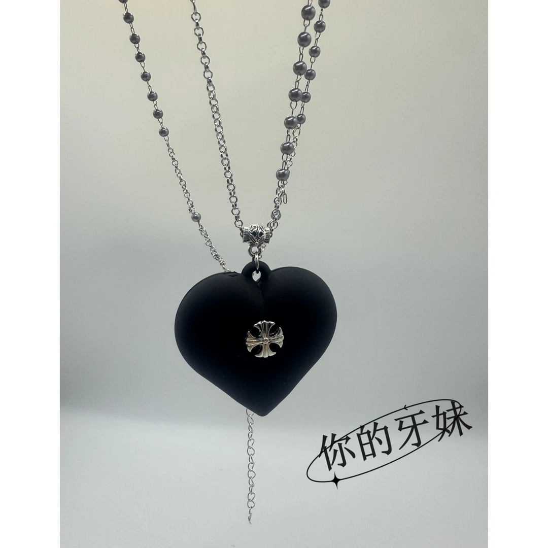 合金项链 克克黑色爱心项链XL228轻奢时尚百搭小众欧美小众