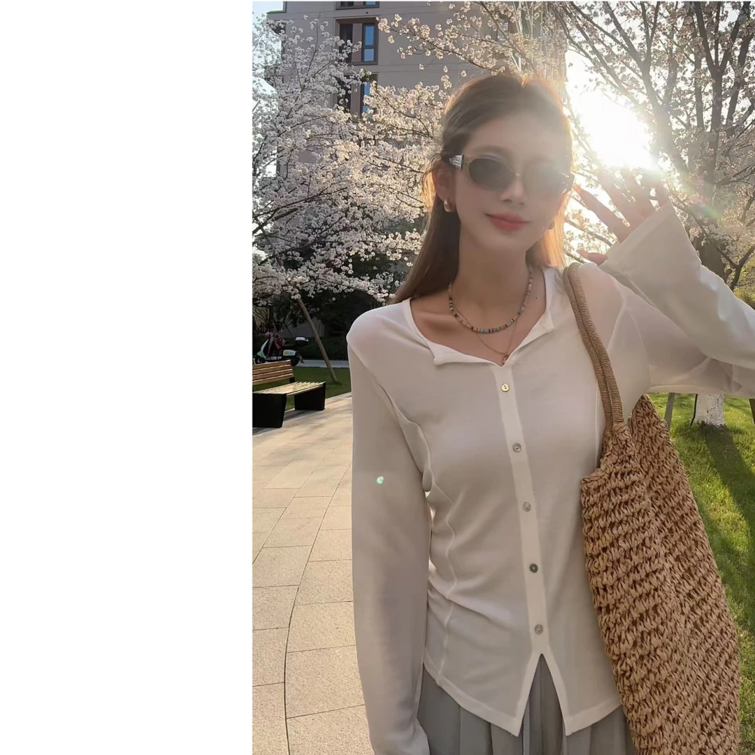 墨迹姐 高个子微胖“假门禁衫”袖子加长显瘦贝壳扣T恤女