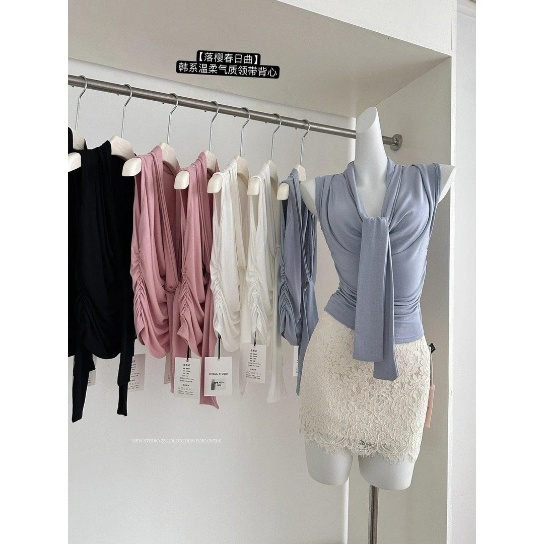 落樱春日曲韩系温柔气质百搭领带背心上衣女2025夏季新款