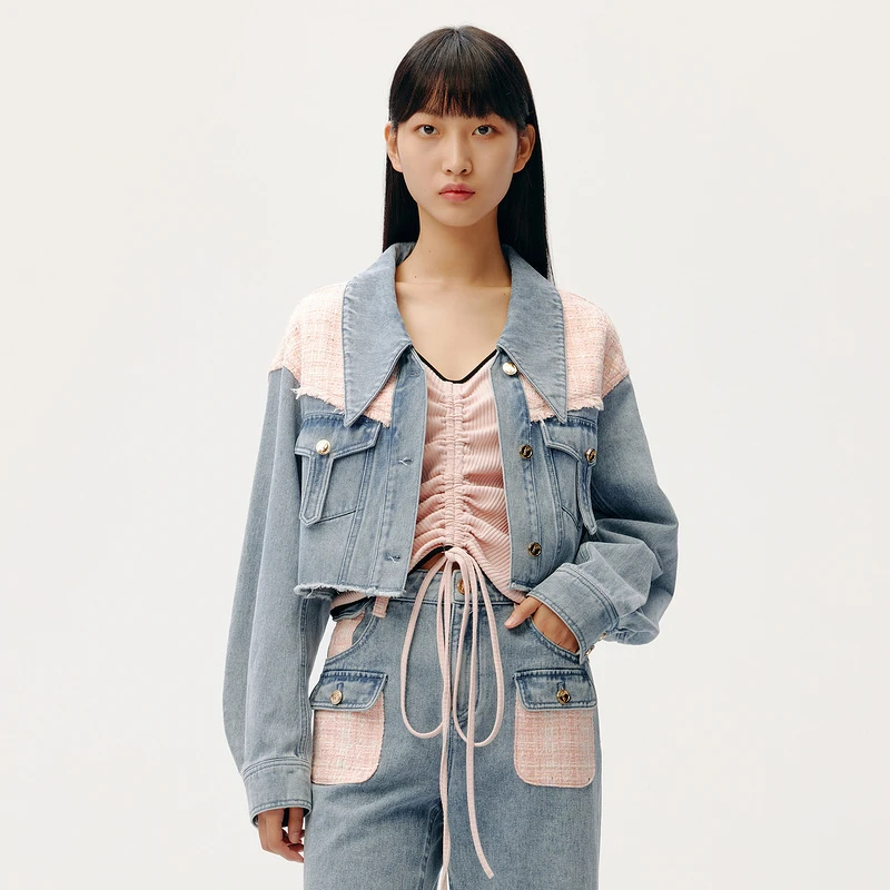 LY/荷比俪春女复古淑女金属扣拼接小众牛仔上衣HYC11530088