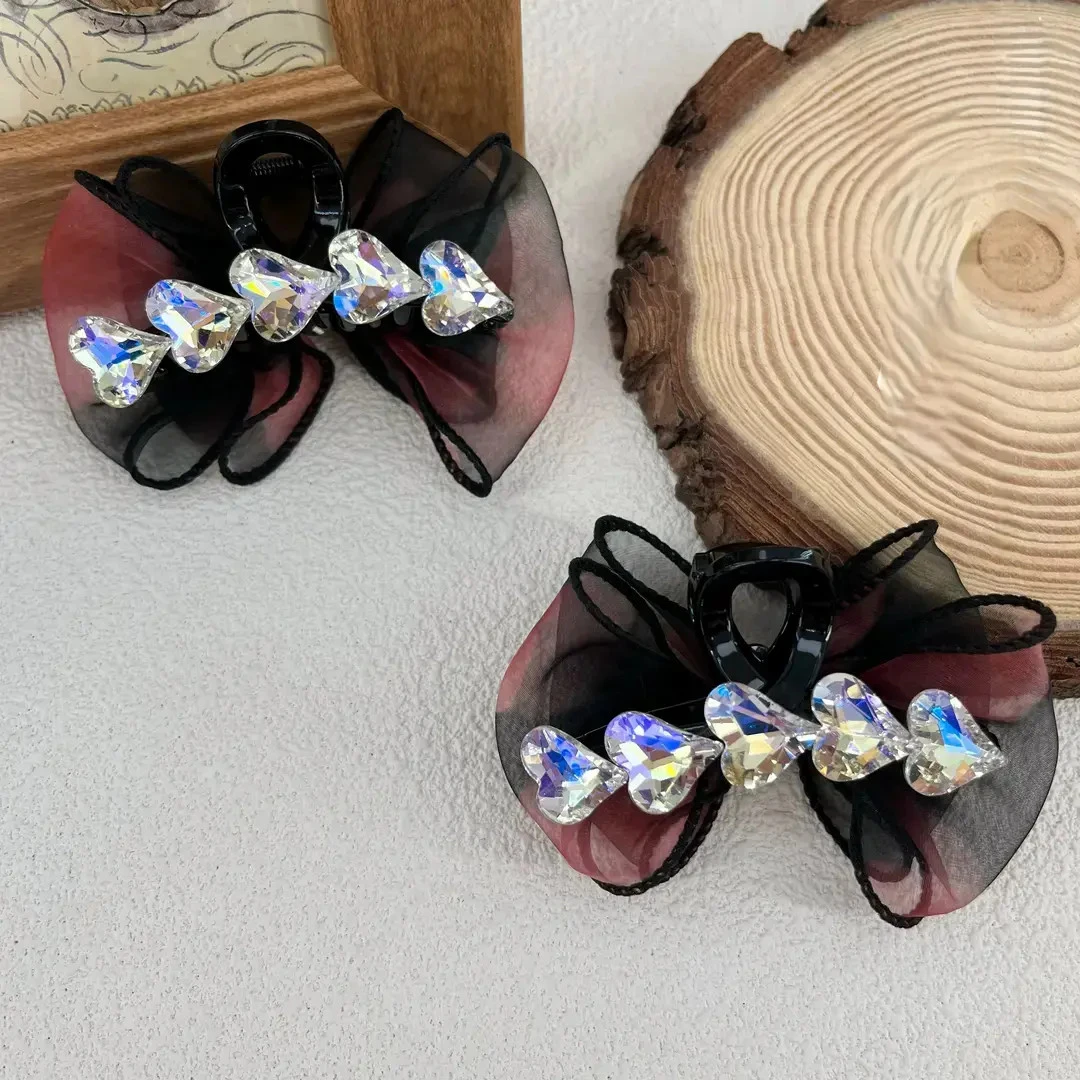 森系时尚气质AB面爱心月光水钻泡泡纱抓夹7cm