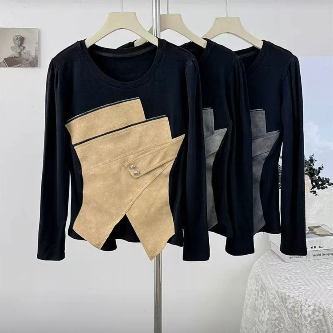 秋季新款大码女装拉链设计撞色拼接不等式开叉时尚显瘦打底衫3038