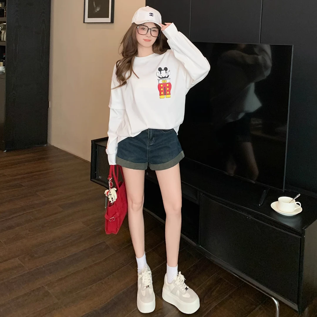 简约个性休闲时尚套装早秋季新款圆领长袖印花上衣牛仔短裤两件套