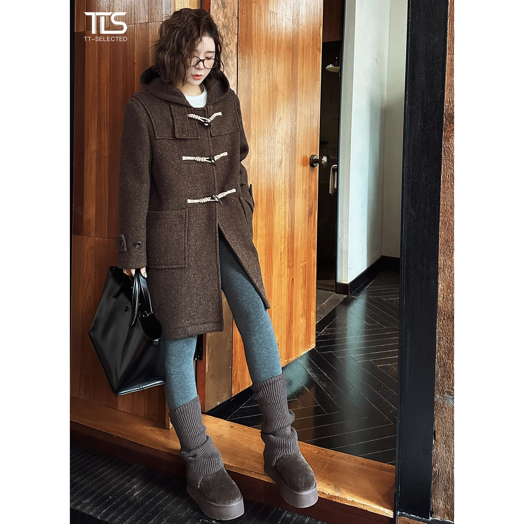 TT【牛角扣大衣】进口美利奴羊毛人字纹连帽双面呢大衣外套WT5061