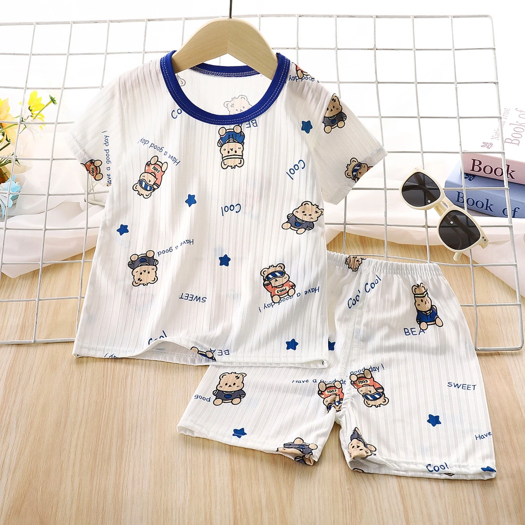 现货夏季冰丝短袖套装薄款空调衣服服宝宝睡衣家居服童装服装儿童