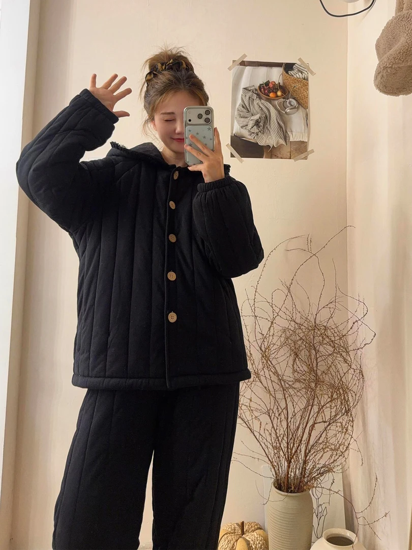韩系复古纯色连帽夹棉睡衣女冬季新款大码加厚宽松舒适家居服套装