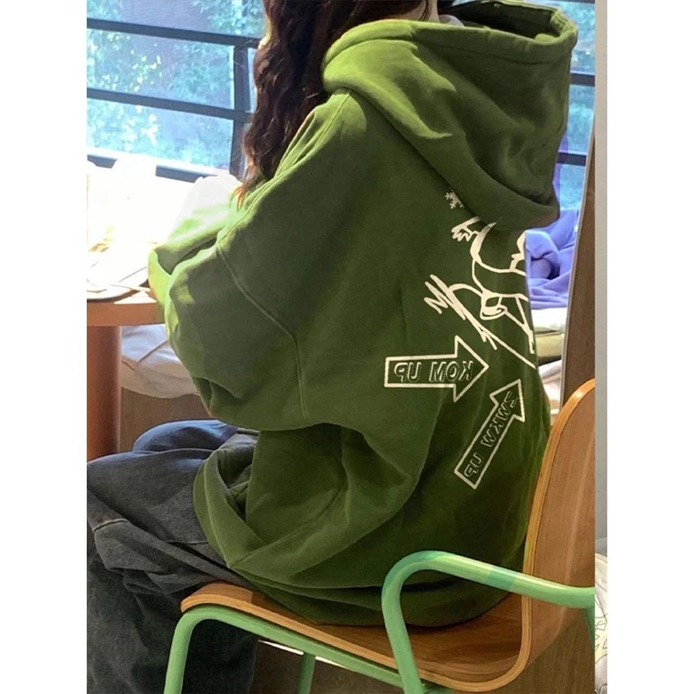 军绿色卫衣女学生秋冬小个子学院风连帽上衣oversize加绒加厚外套