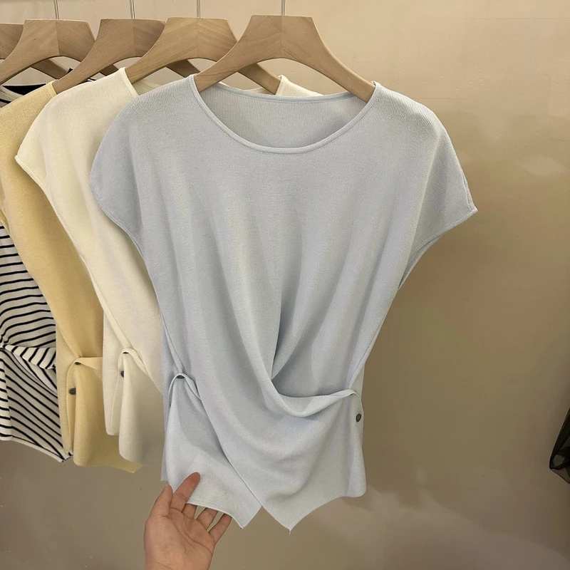 【丁丁专属】交叉设计短袖针织衫圆领显瘦不规则系扣收腰纯色夏111