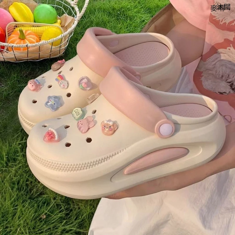 松糕底镂空高跟包头防水台包头拖高颜值少女心卡通凉鞋防滑网红