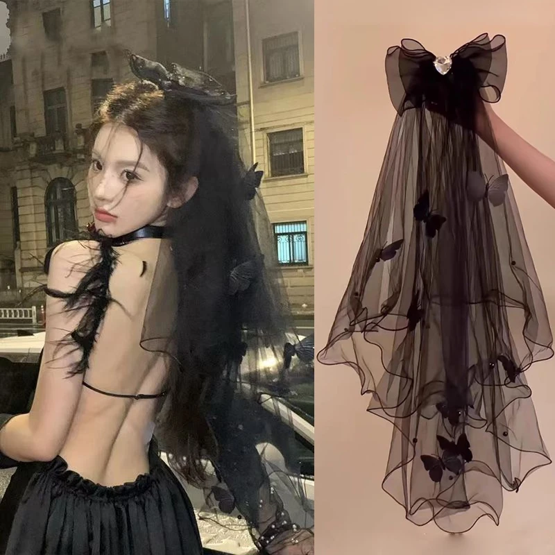 万圣节鬼新娘头纱头饰黑色网纱大蝴蝶结发夹2025新款cos装扮发饰