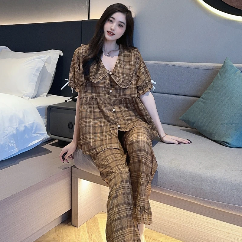 庆同夏季纯棉短袖短裤长裤三件套睡衣女士全棉高级感可外穿家居服