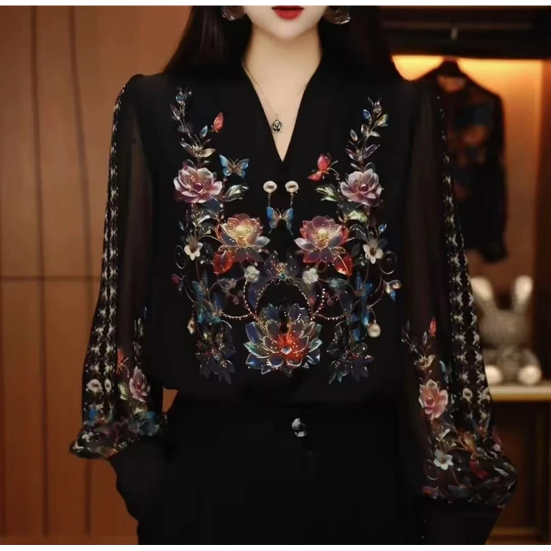 【现货现发】新款琉璃双皱丝洋气时尚百搭休闲气质女士印花小衫显