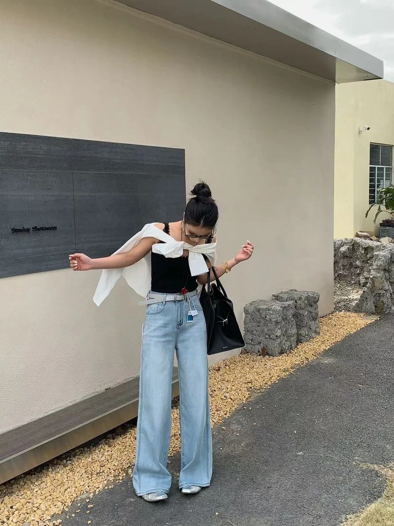 9583号6176#春款净版弹力阔腿牛仔裤（配皮带）（预）